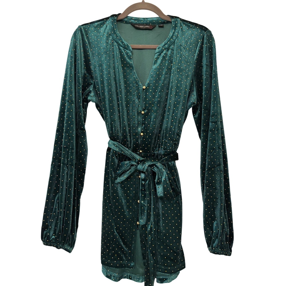 Colleen Lopez Emerald Green Velvet‎ Polka Dot Tunic Top Gold Button Tie Waist M